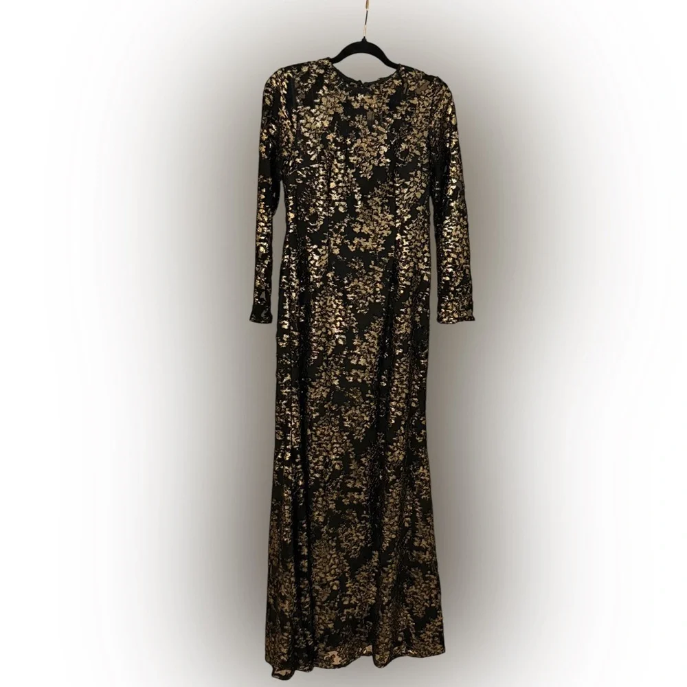 Adrianna Papell Women's Foiled Velvet Burnout Gown black gold elegant formal 4 - Picture 4 of 6